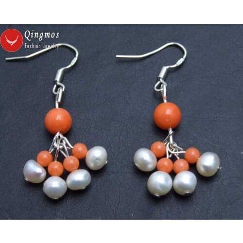 Qingmos Fashion 5-6mm White Round Natural Pearl Earrings for Women with 3-5mm Pink Coral Dangle Earring Hook 1.5'' Jewelry ea520