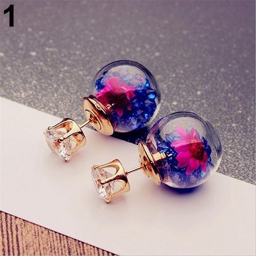 Women Earrings Fashion Elegant Dried Flower Rhinestone Ball Ear Studs Earrings Git