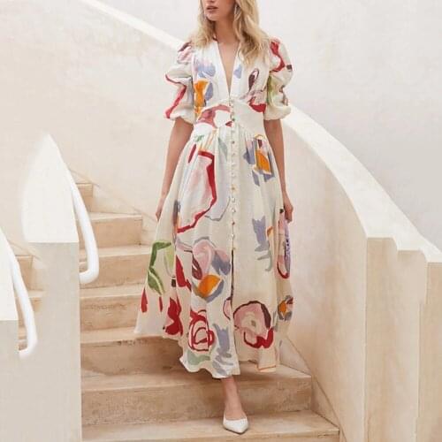 Womens Autumn White Print Casual Maxi Dresses Half-sleeve Waist Big Swing Dresses For Women 2021 Deep V-neck Button Robe Femme