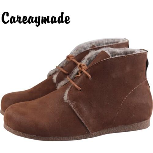 Careaymade-snow Boots Shearhling Shoes Winter Leather Retro Boots Cotton Shoes Womens Fur Comfortable Soft Flat Cowhide Wool