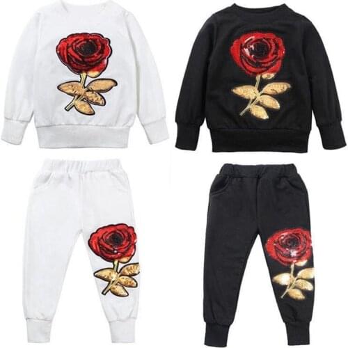 2020 Spring Autumn Girls Clothing Set Embroidery Sequin Rose Clothes Long Sleeved T-shirt+Pants Fashion Boys Sportswear 18M-7Y