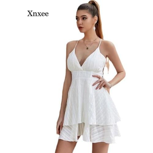 2021 Summer Womens Dress Open Back New Sexy V-Neck White Suspenders Cross Shoulder Strap Layered Ruffled Party Dress