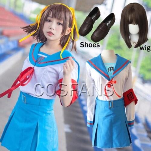 Anime The Melancholy of Haruhi Suzumiya Cosplay Costume Sailor Suit Suzumiya Haruhi no Yuutsu Skirts School Uniform Wig shoes
