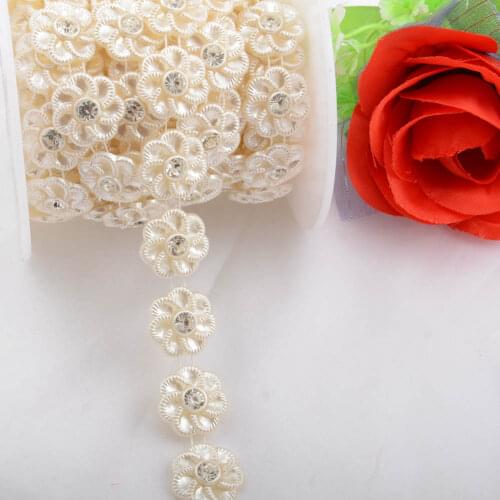 BOLIAO 1 Yard/Pack 20mm (13/16") Width Beige Flower Shape Imitation Pearl Flat Back Rhinestones Chain Trim Wedding Dress Decor
