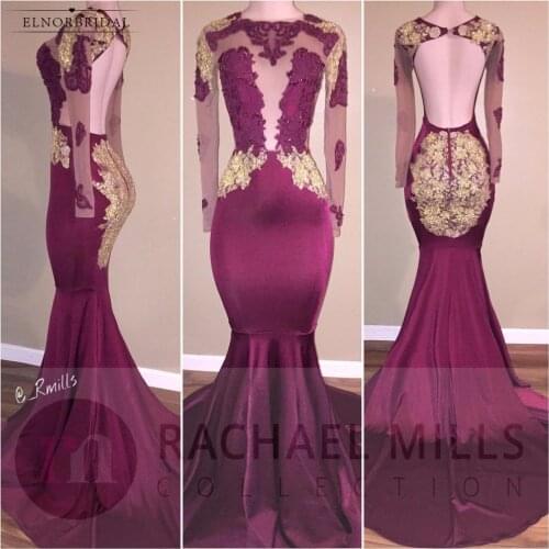 Burgundy African Mermaid Prom Dresses 2021 Long Sleeve Evening Gowns Lace Open Back Formal Party Dress Robe De Bal Longue