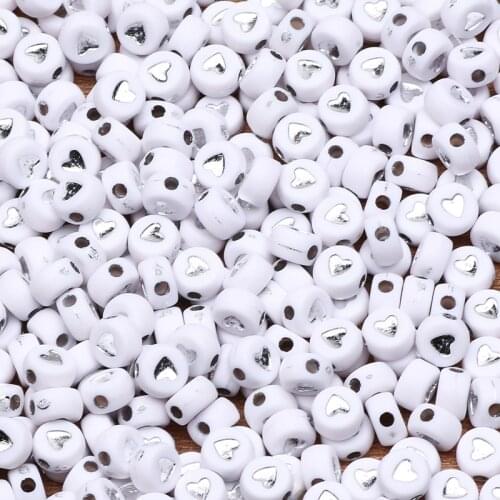 White Silvery Heart Acrylic Beads Round Flat Letter Loose Spacer Beads For Jewelry Making Diy Bracelet Necklace Accessories 7mm