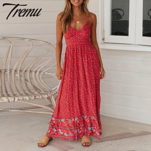 TREMU RED V-Neck Backless Strap Dress Sleeveless Camisole Floral Print Bohemian Long Dresess
