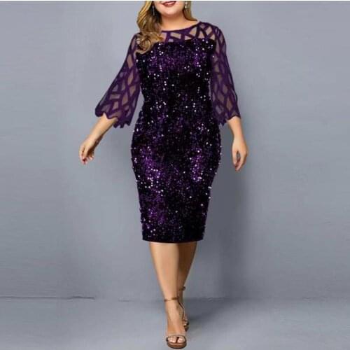 Hot Sale Lady Dress Sequin Mesh Stitching Bodycon Hollow 3/4 Sleeve O-neck Sexy Midi Dress for Wedding Plus Size 2021Fashion New