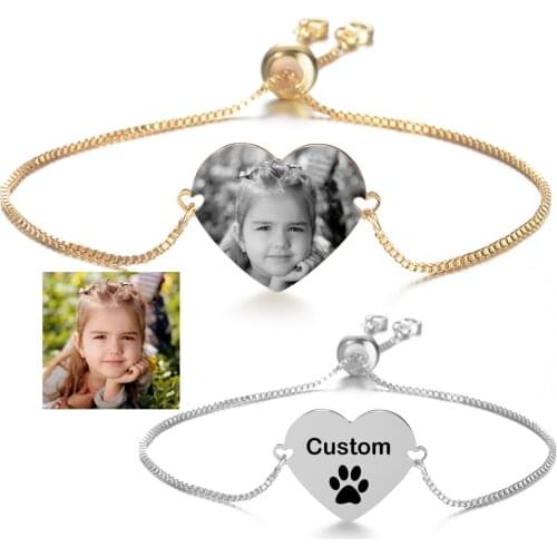 Customized Bracelets Engraved Family Baby Pets Photo Name Date Bracelet Heart Shape Personalized Adjustable Bangles 4 Color