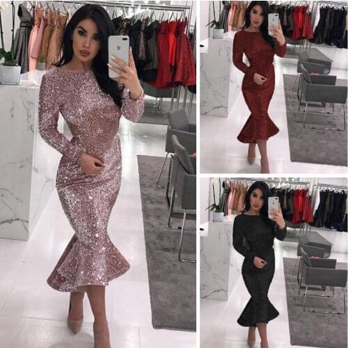 IR-CKERT 2021 Spring New Women Long Sleeve Sequin Dress 6 Colors Fashion Ruffle Vestido Female Elegant Bodycon Party Dresses