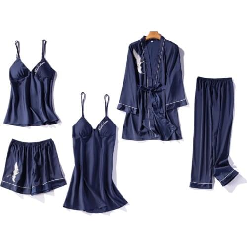 Women Pajamas 5 Pieces Satin Sleepwear Pijama Silk Home Wear Home Clothing Embroidery Sleep Lounge Pyjama with Chest Pads