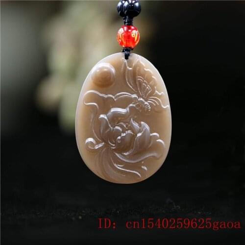 Brown Jade Butterfly Pendant Chinese Flower Amulet for Necklace Women Fashion Carved Jewelry Natural Jadeite Charm Gifts