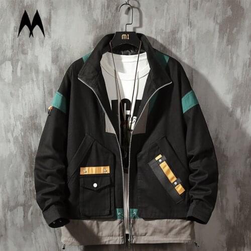 Patchwork Cargo Jacket Men Street Hip Hop Stand Collar Coat 2021 Autumn New Mens Casual Harajuku Loose Coats Bomber Jackets