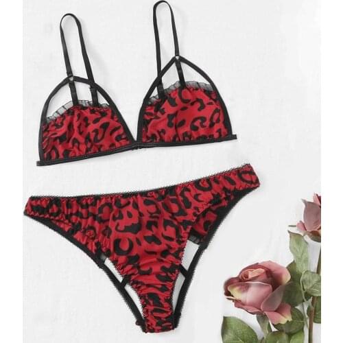 Leopard Bralette Bra+G-String Sex Lingerie Set Lace Underwear for Women Exotic Sleepwear Sexy Pajamas