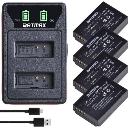Batmax LP-E12 LPE12 Li-ion Battery+New LED USB Dual Charger with Type C Port for Canon EOS M50, EOS M100,100D Kiss X7 Rebel SL1