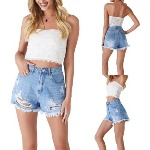 Solid Color Chic Ripped Shorts Female Fashion Tassel Hem Button High Waist Summer Beach Wild Fitting Denim Shorts