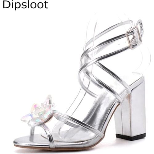 Sexy Bling Crystal Flower Open Toe PVC Silver Leather Patchework Sandals Chunky Heel Women Crossed Strappy Crystal Sandals