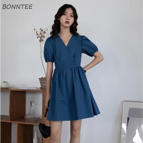 Dress Women Simple Casual Short Puff Sleeve Preppy Style Solid Sweet Elegant Folds Japanese Students Female A-line Streetwear