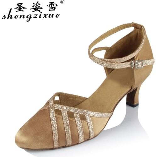 WUXIJIAO pink satin Latin/Modern dance shoes female soft outsole square dance shoes Womens Ballroom dancing shoe 6cm