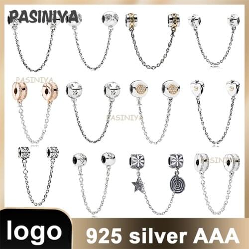 S925 Sterling Silver Safety Chain Charm With Logo Suitable for Original Bracelet Love Star Bow Diamond Girls Holiday Party Gifts