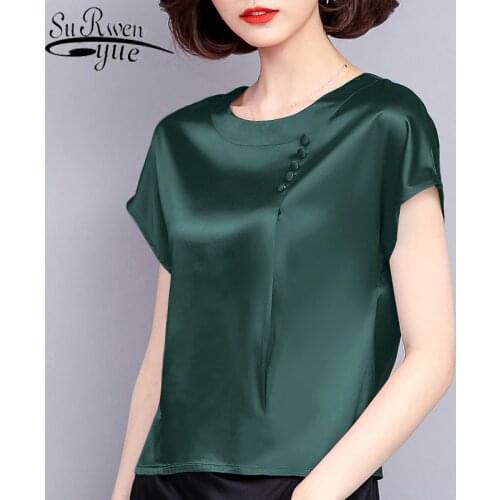 Silk women blouse short sleeves shirt 2020 new fashion summer clothing women tops solid casual o-neck female blouses 0425 40