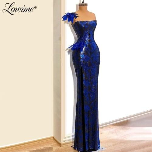 Blue Evening Dresses Feather Mermaid Party Gowns Robe De Soiree 2020 Saudi Arabic Evening Gown Formal Sequins Abiye Party Dress