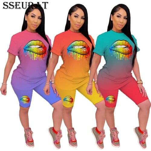 SSEURAT Women Set Casual Tracksuit Lips Print Gradient Color Short Sleeve T-shirts Elastic Shorts Two Piece Set