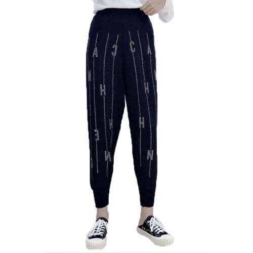 2021 Spring Harajuku Knitted Harem Pants Women New Slim Heavy Industry Hot Drilling High Waist Sweatpants Women Casual Trousers