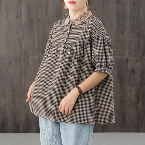 Lace Crochet Lapel Stitching Plaid Short Sleeve Shirt 2021 Summer Womens New Loose Fit Large Size Women Blouse and Tops X24