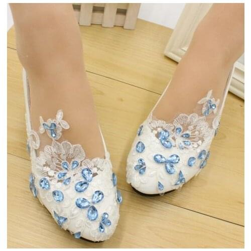 Sky blue rhinestones crystal lace wedding shoes woman TG455 low med heels brides bridal party dress shoes white lace