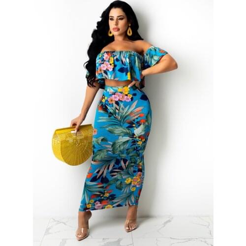 2021 Best Quality Fashion Design 2 pcs Women Set Print Ruffles Slash Neck Short Tops Maxi Dress Summer Beach Outfits