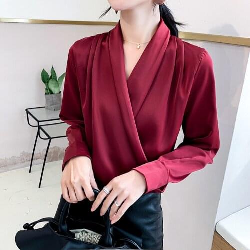QOERLIN Chiffon Satin Pullover Criss-Cross Slim Long Sleeve Shirt Women Plus Size Deep V-Neck Sexy Blouse Girl Green Blusa Mujer