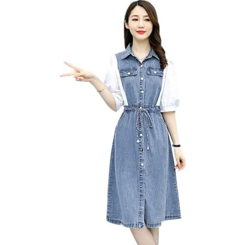 Summer Spliced Half Sleeve Denim Dresses Women Drawstring High Waisted Plus Size Dress Single Breasted Blue Jean Vestidos G1210