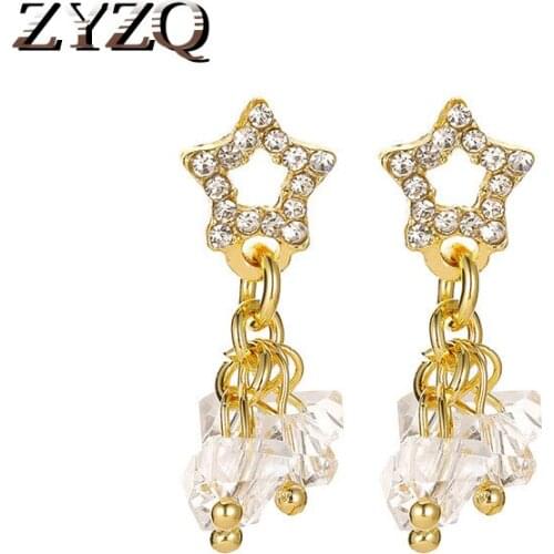ZYZQ S925 Pin Five-Pointed Star Stud Earrings For Women Long Tassel Crystal Pendant Earrings All-match Party Matching Earrings