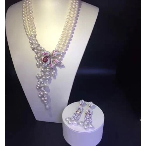 100% real cultured fresh water pearl necklace and drop earring jewerly set 925 silver flower multi layers party necklace