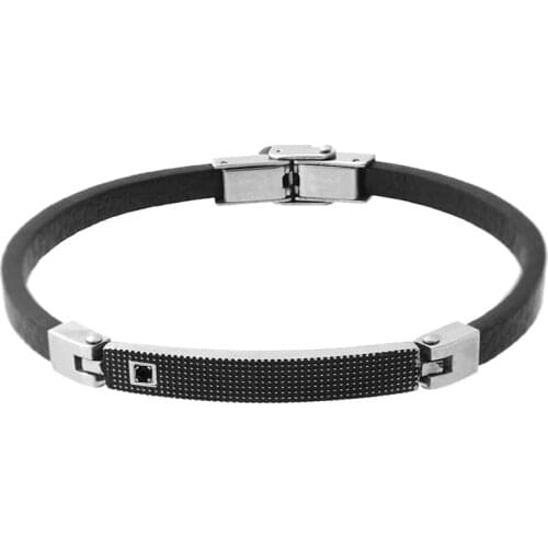 Runda Fashion Simple MenS Leather Bracelet Formula Brand Inlaid Cz Stone Stainless Steel Jewelry