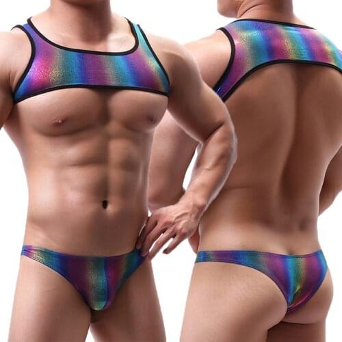 Men Chest Harness Tanks Thongs Jockstrap 2 Piece Sets Rainbow PU Leather Shoulder Strap Party Clubwear Stage Costume Beach Wear