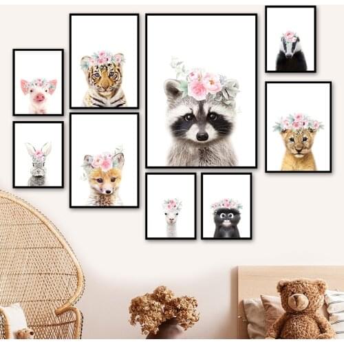 Raccoon Rabbit Monkey Tiger Lion Fox Alpaca Wall Art Canvas Painting Nordic Posters And Prints Wall Pictures Kids Room Decor