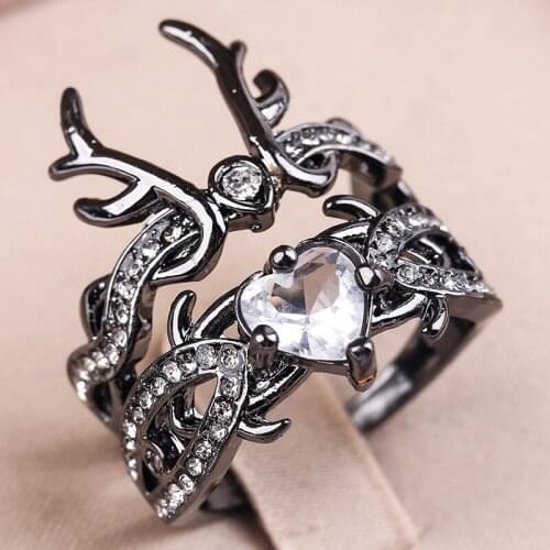 Cute Animal Horn Black Deer Antler Rings for Women Girl Luxury 2 Pcs/Set Crystal CZ Heart Stone Ring Party Jewelry Gifts A4M264