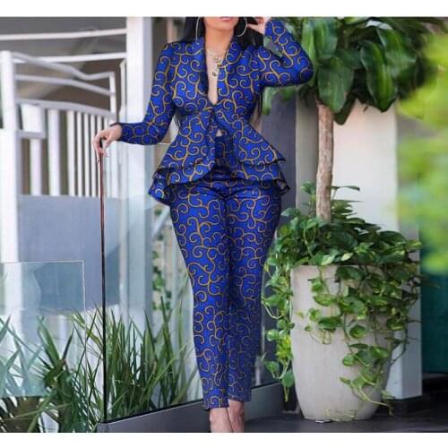 Ruffles Two Piece Set Women African Clothes Office Lady Vintage Print Long Sleeve Ruffles Top&Skinny Pencil Pants Sets Outfits
