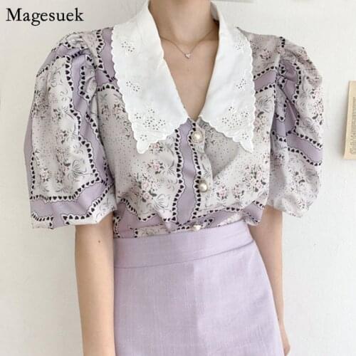 Korean Fashion Vintage Print Womens Shirt Summer Loose Embroidery Lapel Top Floral Puff Sleeve Blouse Women Blusas Mujer 15343