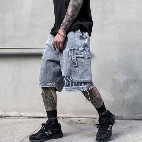 Summer Street Style Denim Cargo Short For Men Loose Elastic Waist Jean Relaxed Fit Outdoor Multi Pocket Work Shorts