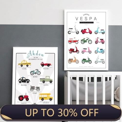 Cartoon Car Scooter Nursery Canvas Painting Nordic Posters And Prints Art Wall Pictures Childrens Room Bedroom Home Decoration