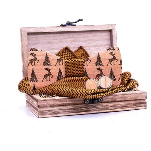 Linbaiway Handmade Elk Pattern Wooden Bow Tie Sets for Mens Suits Wood Bowties Handkerchief Cufflinks Set Christmas Gift