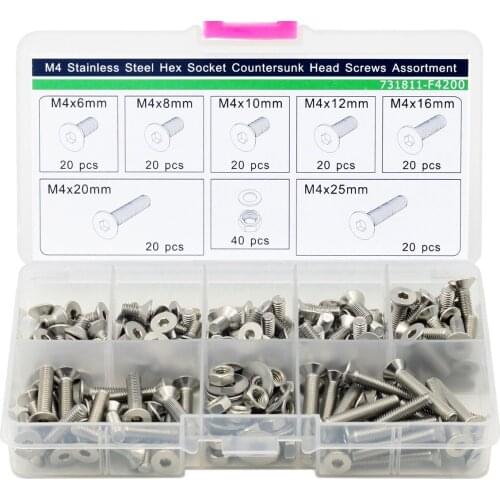 M4 Hex Socket Countersunk Head Screws Nuts Washers Assortment Kit, 180 pieces, Stainless Steel