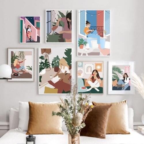 Wall Art Canvas Painting Cartoon Illustration Girls Life Plants Nordic Posters And Prints Wall Pictures For Living Room Decor