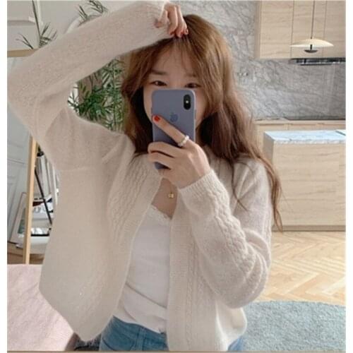 2020 New Arrivals Korean Furry Pure White Mohair Sweater Cardigans O-neck Long-sleeved Fluffy Jumper Wool Autumn Winter