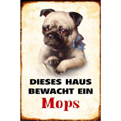 Dog Pug Guarded Metal Tin Sign Dog Tin Sign for Street Garage Family Cafe Bar Door Plaque Wall Poster