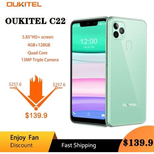 OUKITEL C22 Global Version Smartphone 4GB RAM 128GB ROM Triple Camera Light Weight 2.5D Glass Back 2.0Ghz 4000mAh Mobile Phones