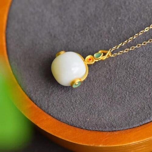 Natural Hetian Jade Lucky Beads Pendant Jade S925 Sterling Silver Chinese Style National Fashion Retro Necklace Gifts for Girlfr